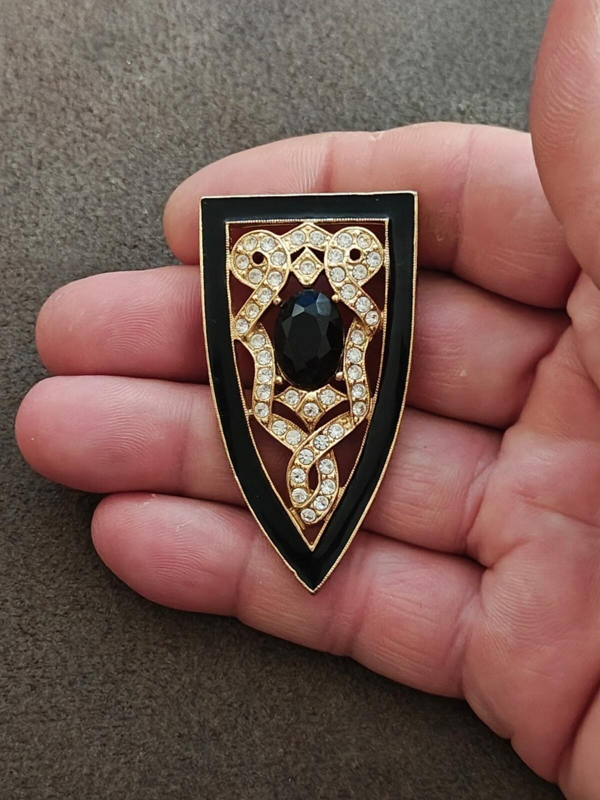 80s Gold Tone Art Deco Enamel Rhinestones & Black Stone 1928 Jewerly Co. Brooch