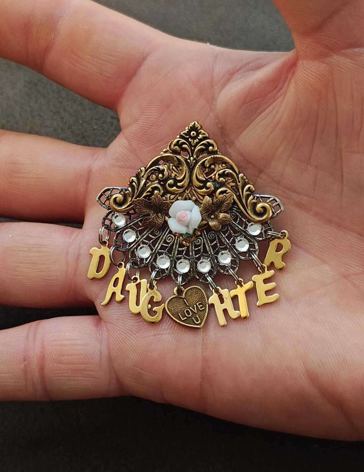 1980s Handcrafted "Daughter" Family Sentiment Gold Tone Dangle Brooch.