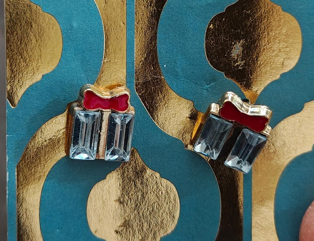 Christmas Present Gold Tone Stud Earrings With Rhinestones And Red Bow