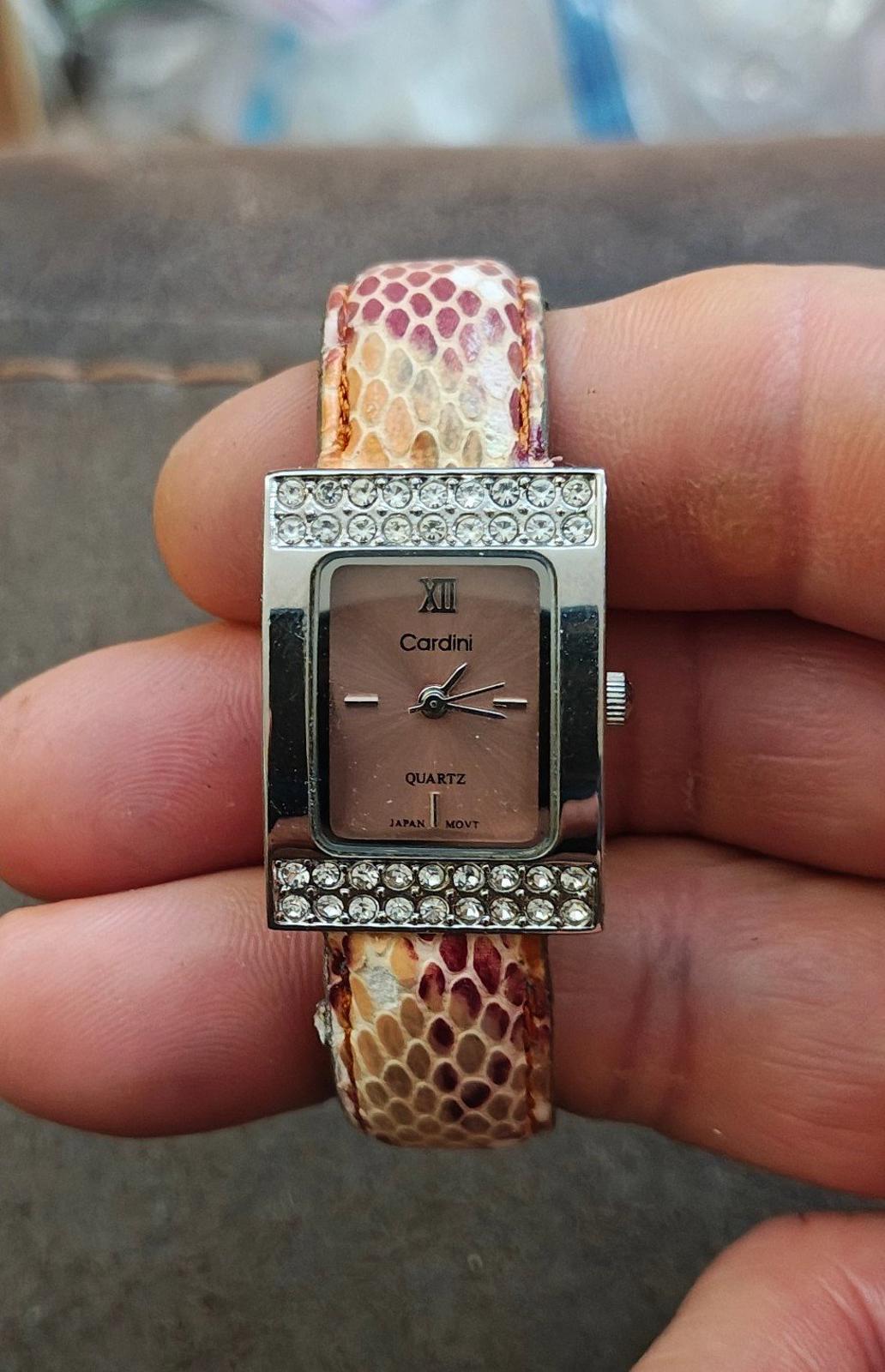 1980s Vintage Cardini Square Bezel With Rhinestones Pink Dial Ladies Cuff Watch