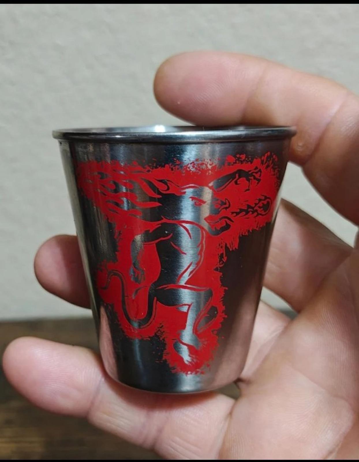 1980s Set Of 2 Fireball Cinnamon Whisky Stainless Steel Dragon Shot Glasses
