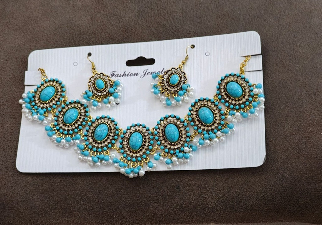 Bohemian Style Synthetic Turquoise & Faux Pearls Choker Necklace & Earrings Set