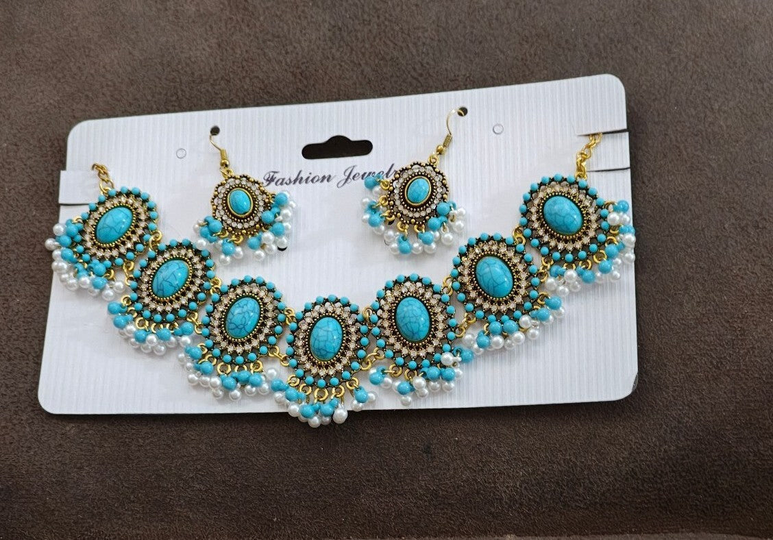 Bohemian Style Synthetic Turquoise & Faux Pearls Choker Necklace & Earrings Set