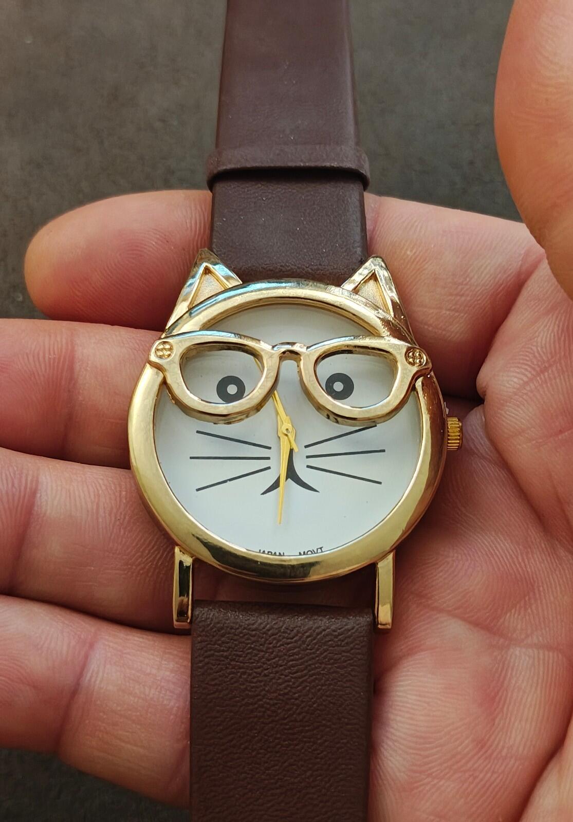 Playful Cat With Glasses &  Brown Faux Leather Band Ladies Watch