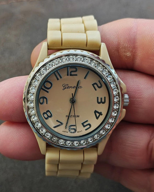 Geneva Platinum Beige Dial Rhinestones Bezel  Beige Silicone Watch