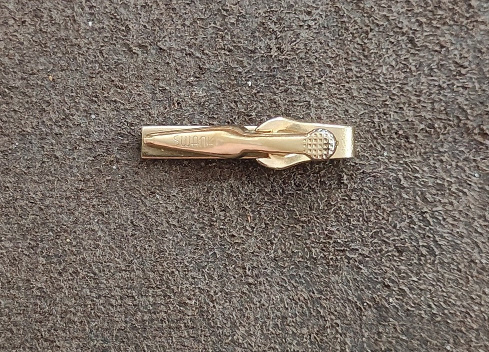 1950s/60s Swank Gold Tone Bark Textured Tie Bar Clip & Black Baguette Stone