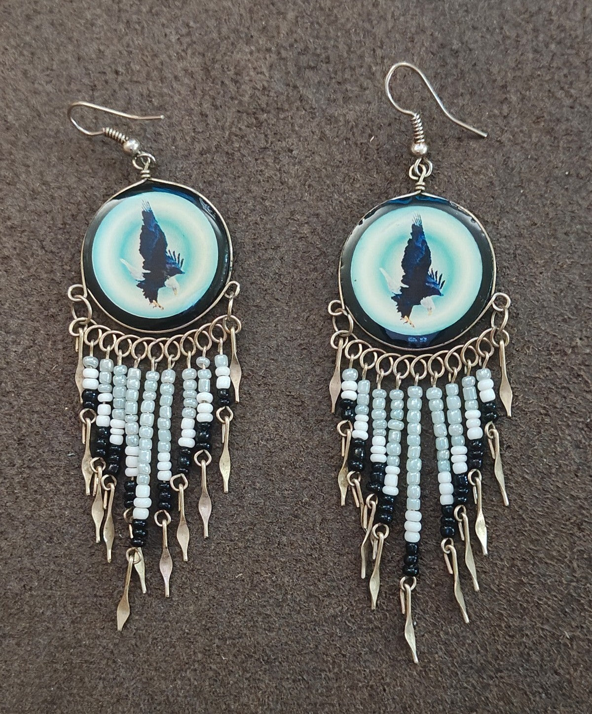 Native American Style Eagle Beaded Fringe Dangle Earrings