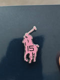 Pink pony enamel pin on dark card, maroon “15” and raised saddle details