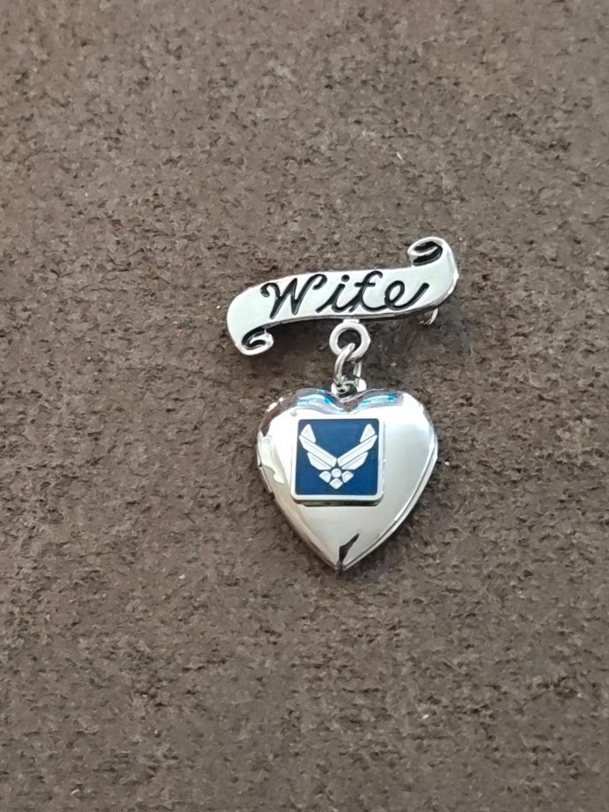 U.S. Air Force Wife Silver Tone With Blue & White Enamel Dangle Brooch Locket