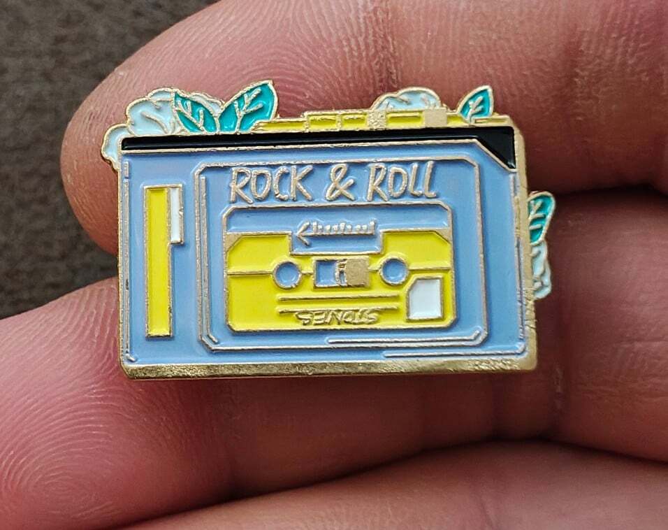 Retro Rock & Roll" Cassette Tape Gold Tone Enamel Pin