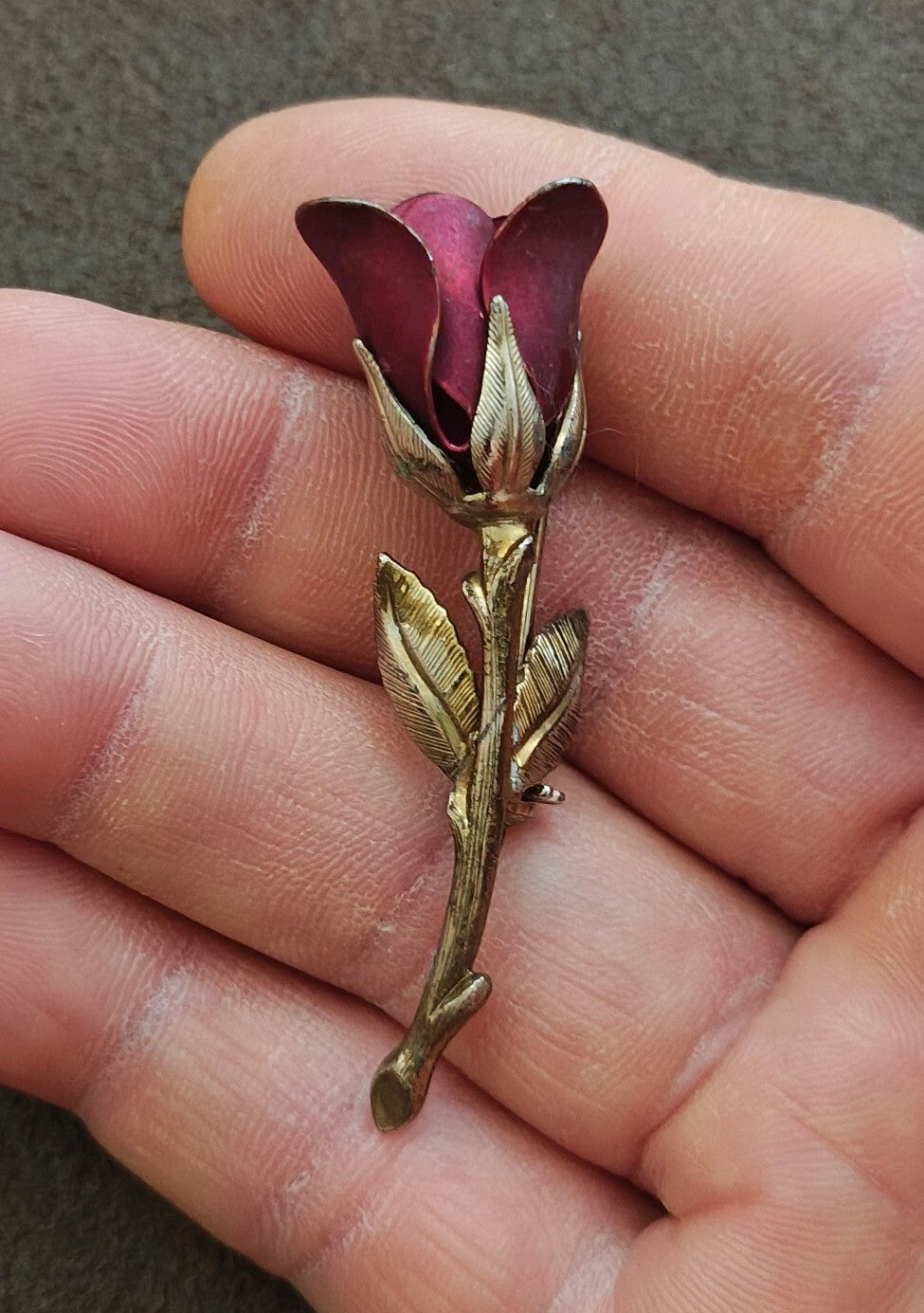 1960s Gold Tone Red Enamel Rose Bud With Stem Brooch Pin