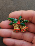 1970s Vintage Gold Tone Enamel Christmas Bells Brooch Pin