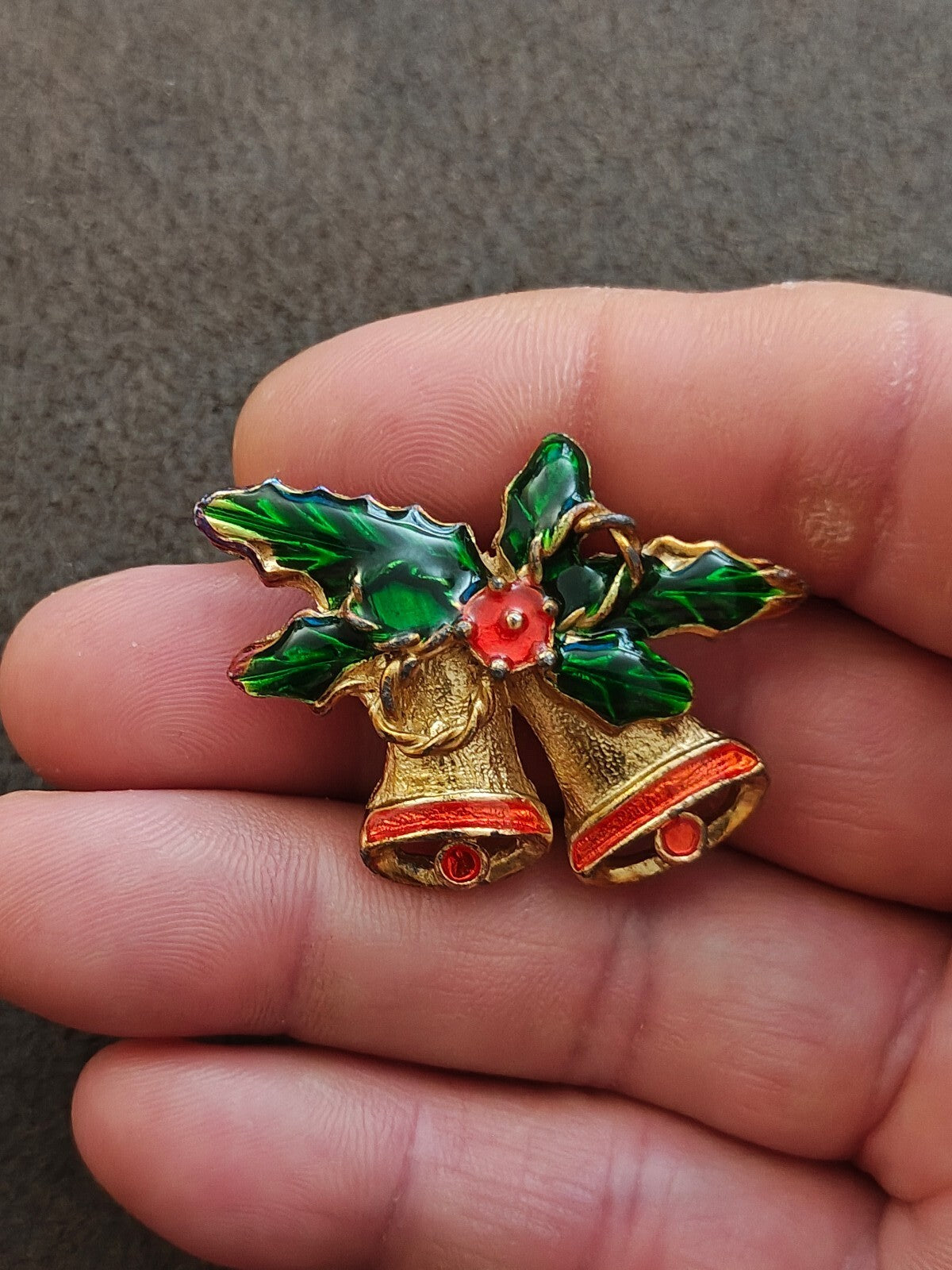 1970s Vintage Gold Tone Enamel Christmas Bells Brooch Pin