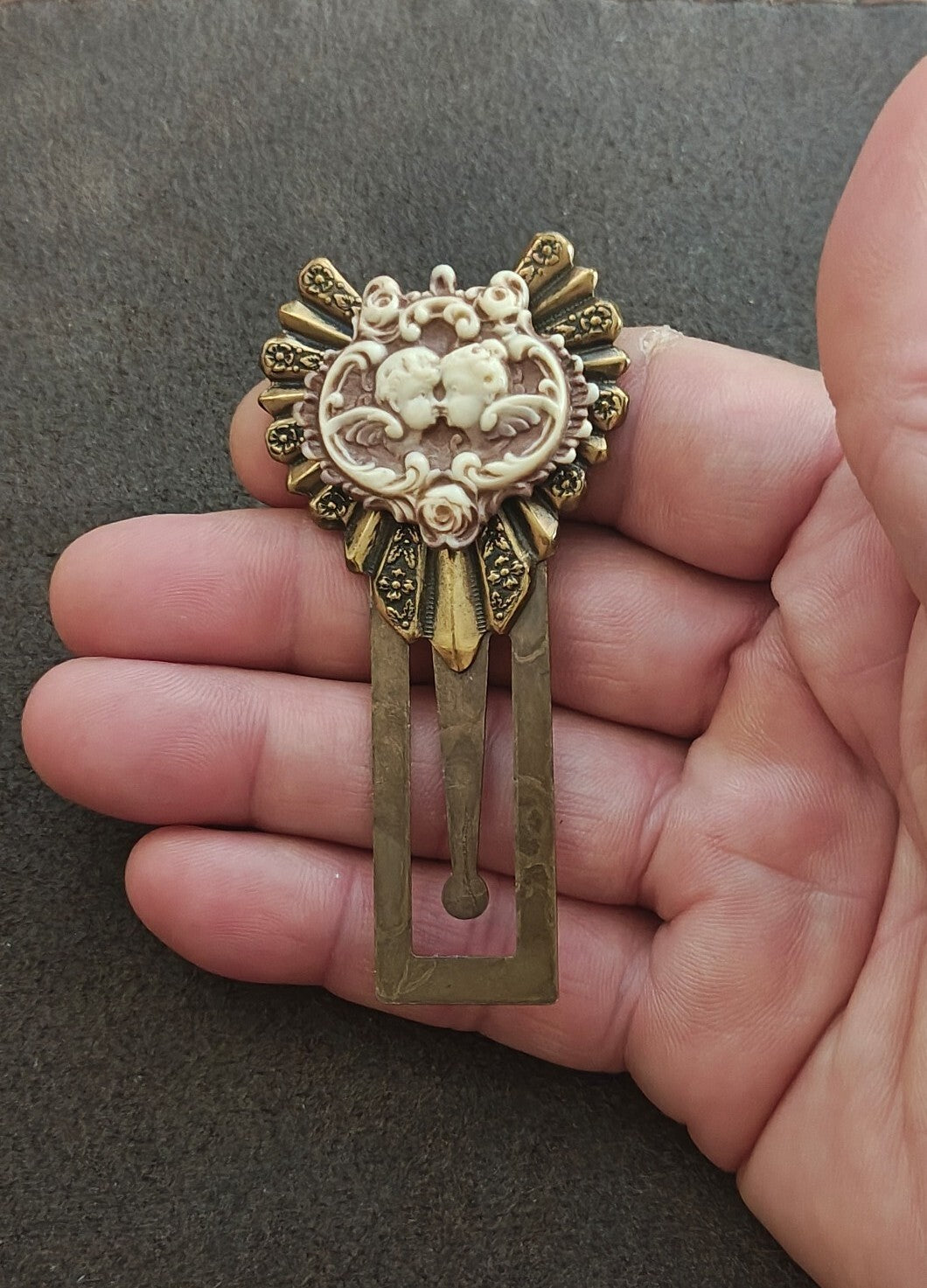 1990s Ornate Brass Cherub Cameo Bookmark/Victorian Revival Page Marker