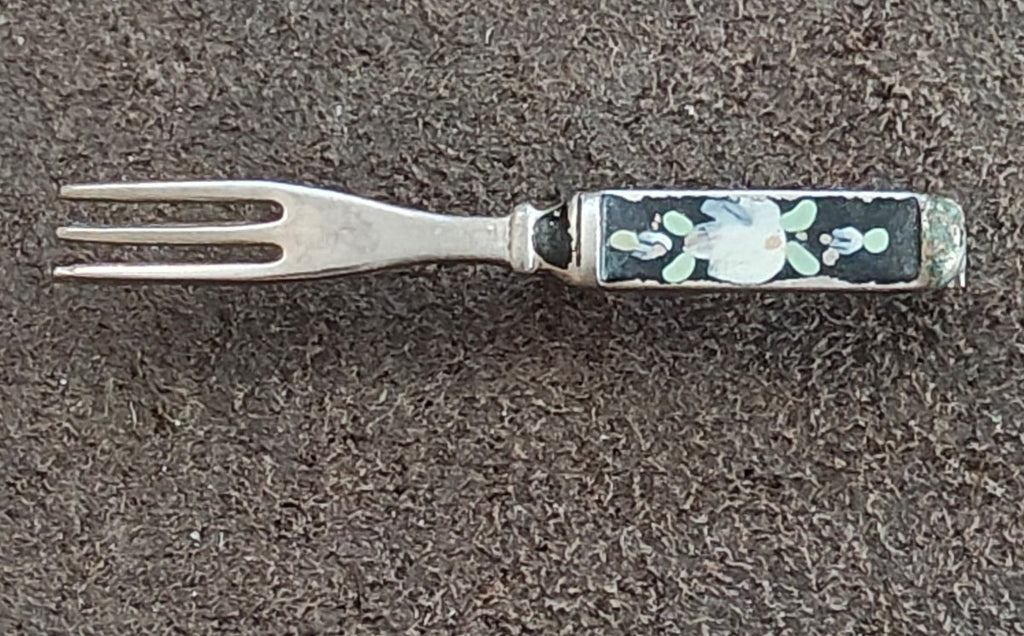 1930s/40s Miniature Silver Tone Fork With Floral Enamel Brooch Pin.