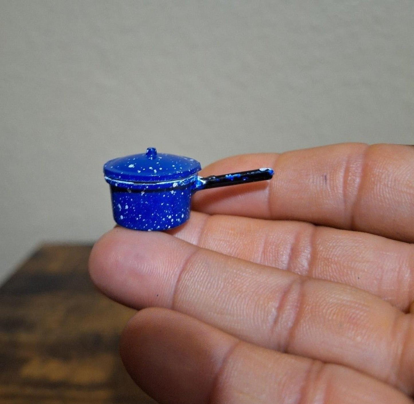 1980's Dollhouse Miniature Blue Speckled Metal Pots Pans