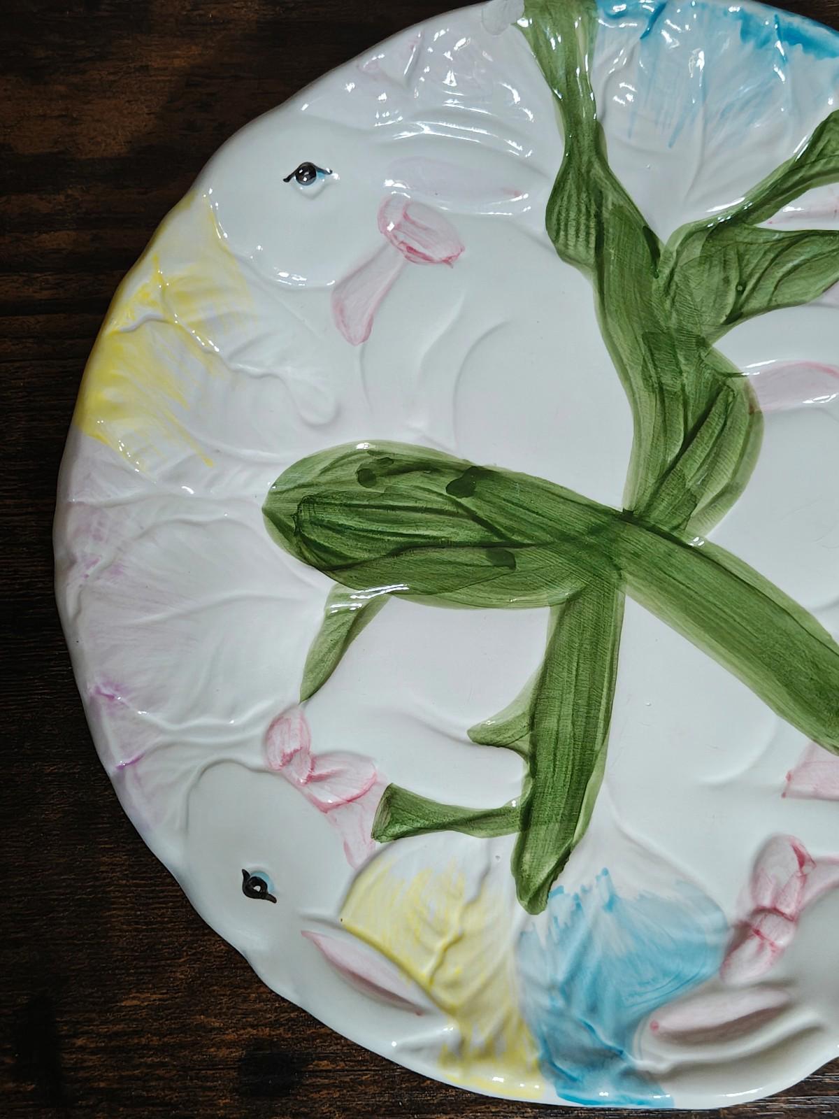 1970s S E Taiwan Ceramics 3D Embossed White Bunny Rabbit Plate