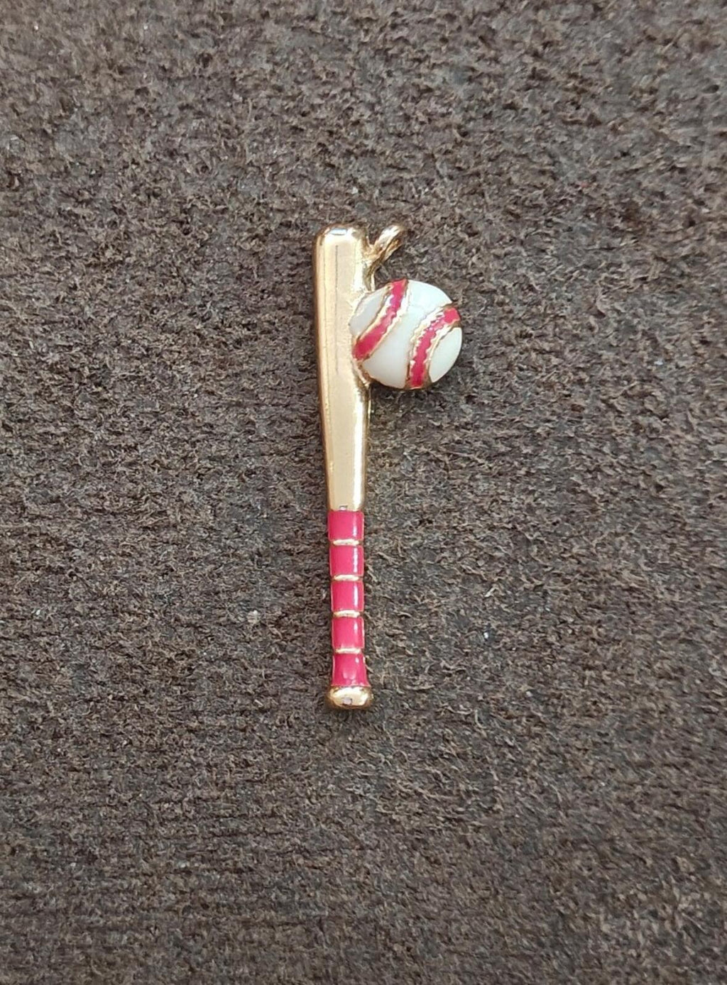 Gold-tone baseball bat charm with red enamel grips and red-and-white baseball