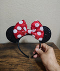 Cute Disney Parks Minnie Mouse Sequined Classic Black Red Bow Ears Headband.