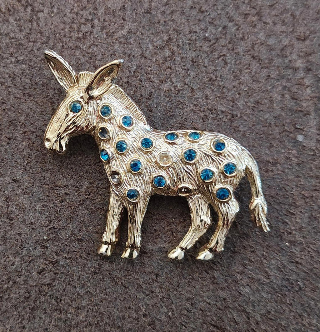 1950s/60s Vintage Dodds Donkey With Blue Rhinestones Gold Tone Brooch Pin