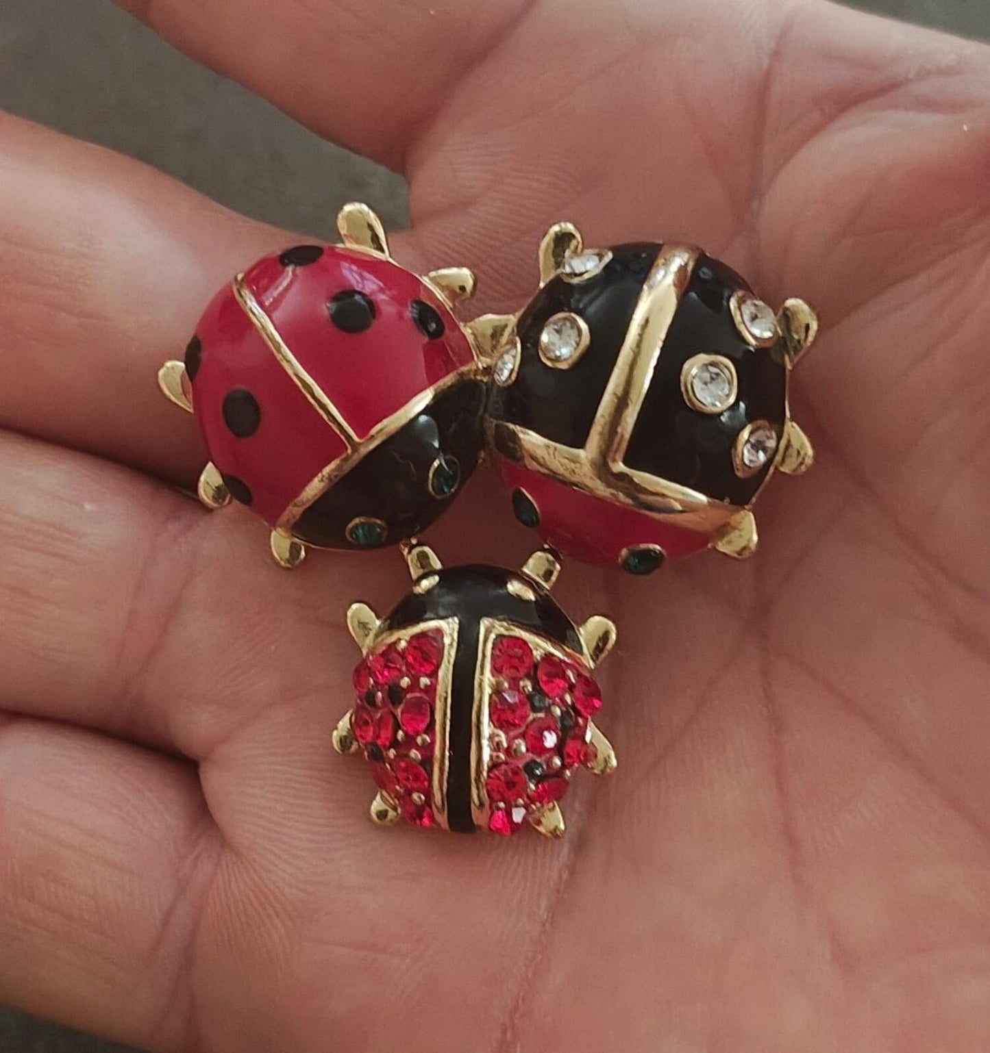 Gold Tone With Black & Red Enamel, Red & Clear Rhinestones Ladybug Trio Brooch