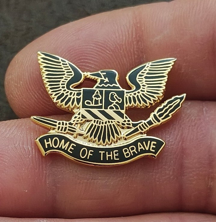 80s Patriotic Bald Eagle Heraldic Shield Home of the Brave Gold Tone Enamel Pin