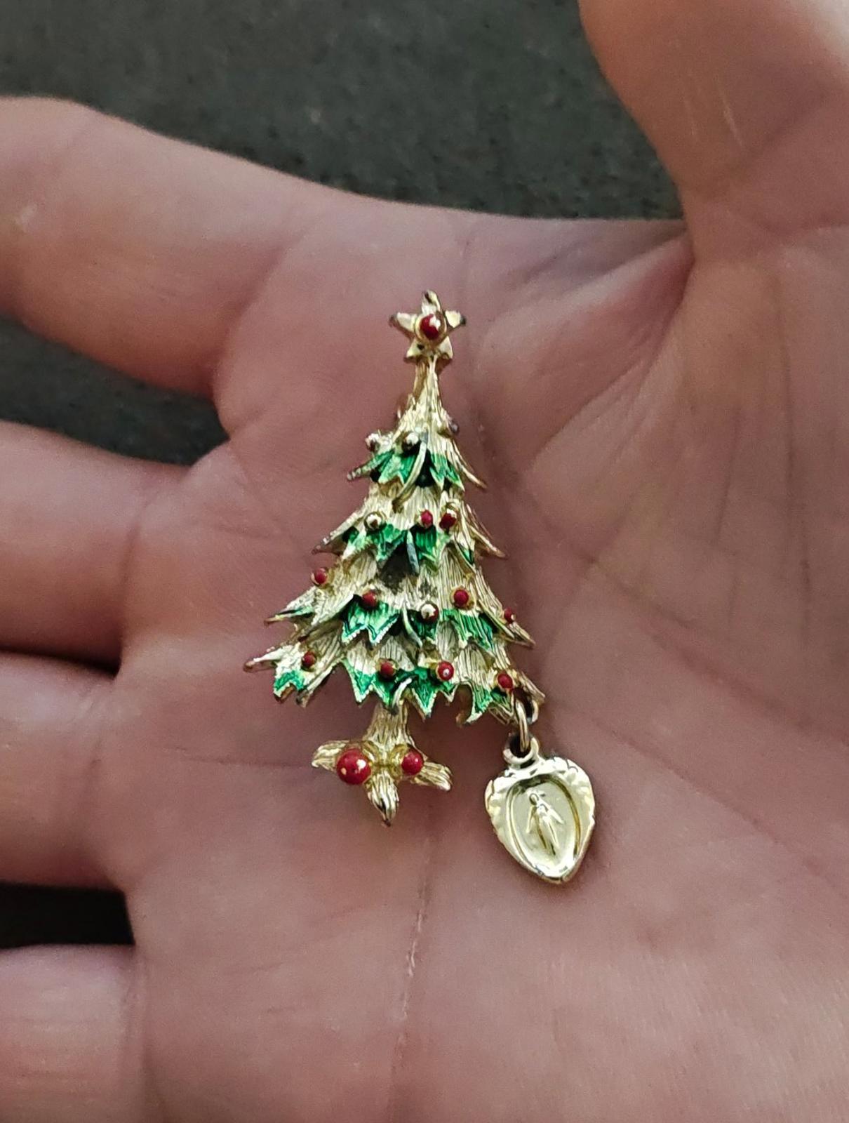 1960s Christmas Tree Brooch Featuring a Dangling Miraculous Medal Charm