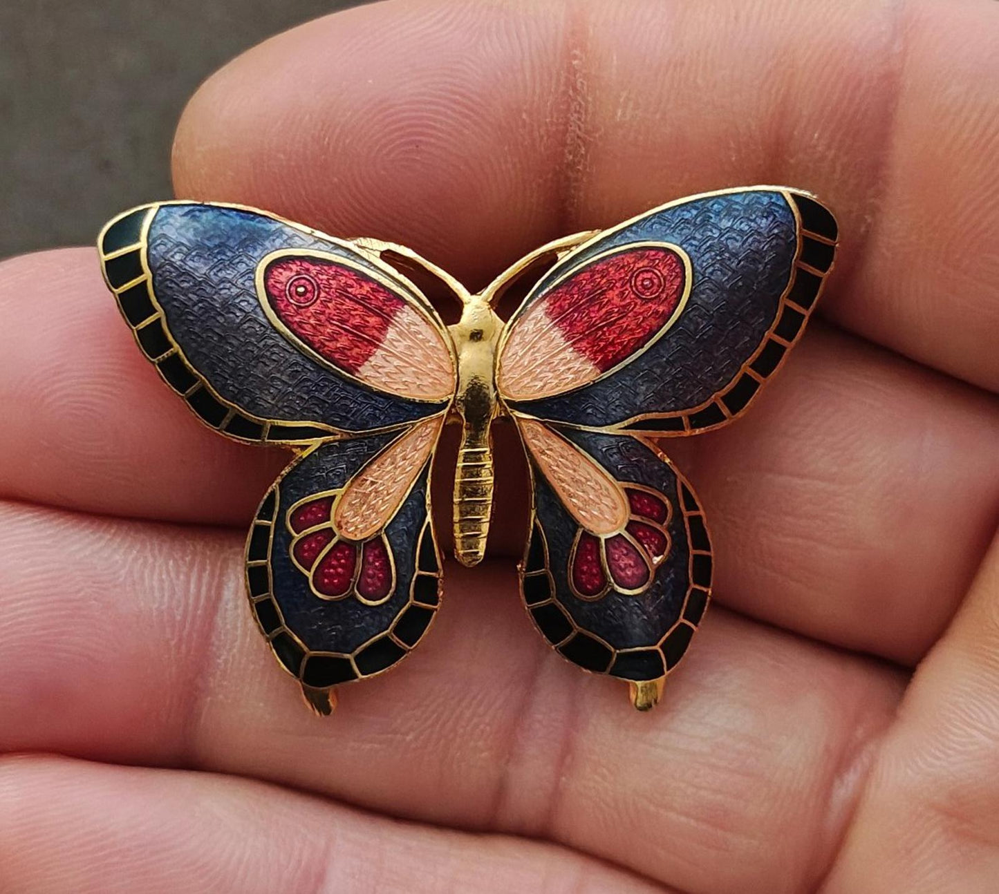 1980s Cloisonné Enamel Butterfly Gold Tone Brooch