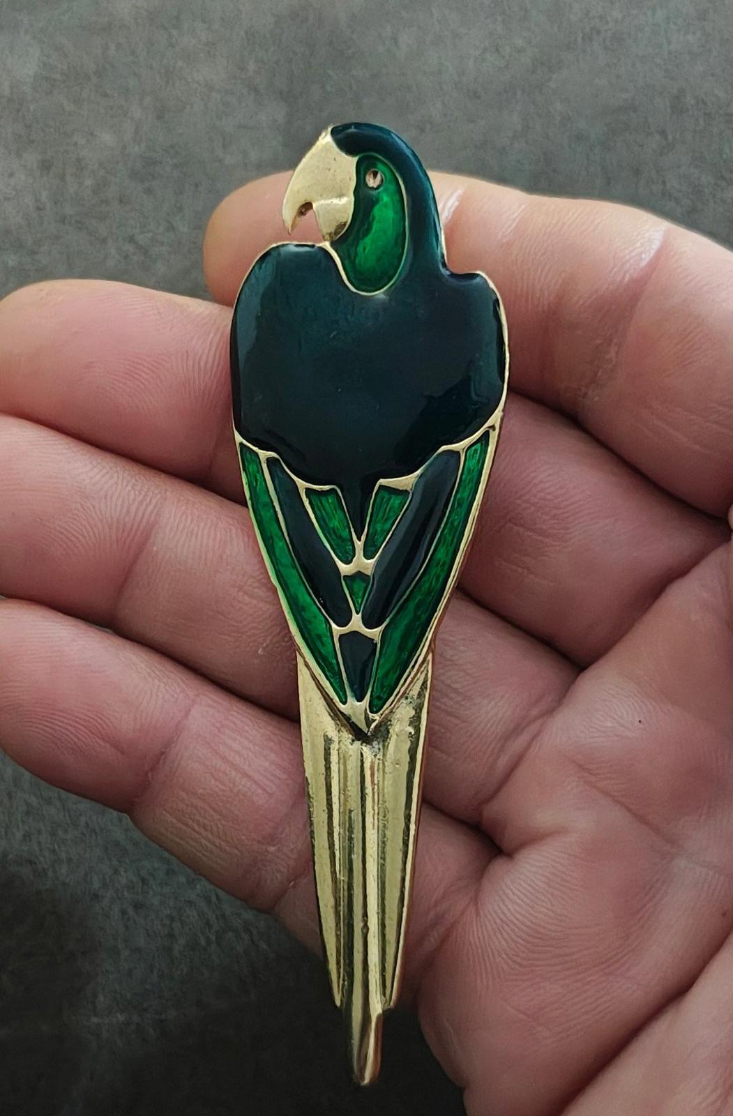1990's Vintage Gold Tone Blue Green Enamel Parrot Brooch Pin