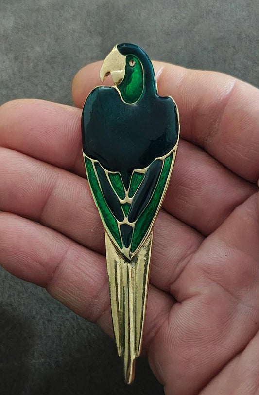 1990's Vintage Gold Tone Blue Green Enamel Parrot Brooch Pin