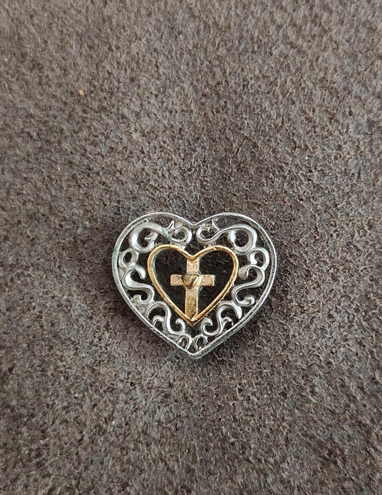 Two Tone Filigree Heart Cross Pin