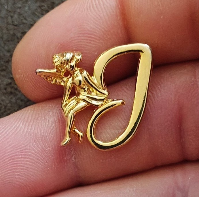 1980s Gold Tone Monogram Initial J & Guardian Angel Brooch Pin
