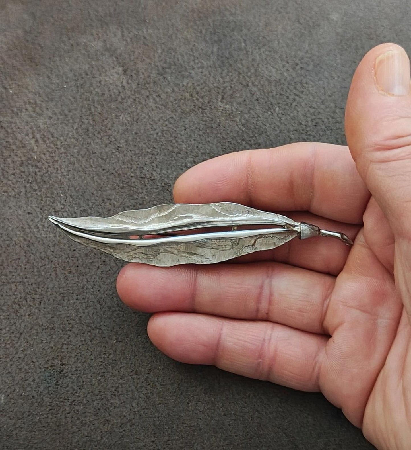 1970s Silver Tone Hand Forged Hammered Leaf Brooch