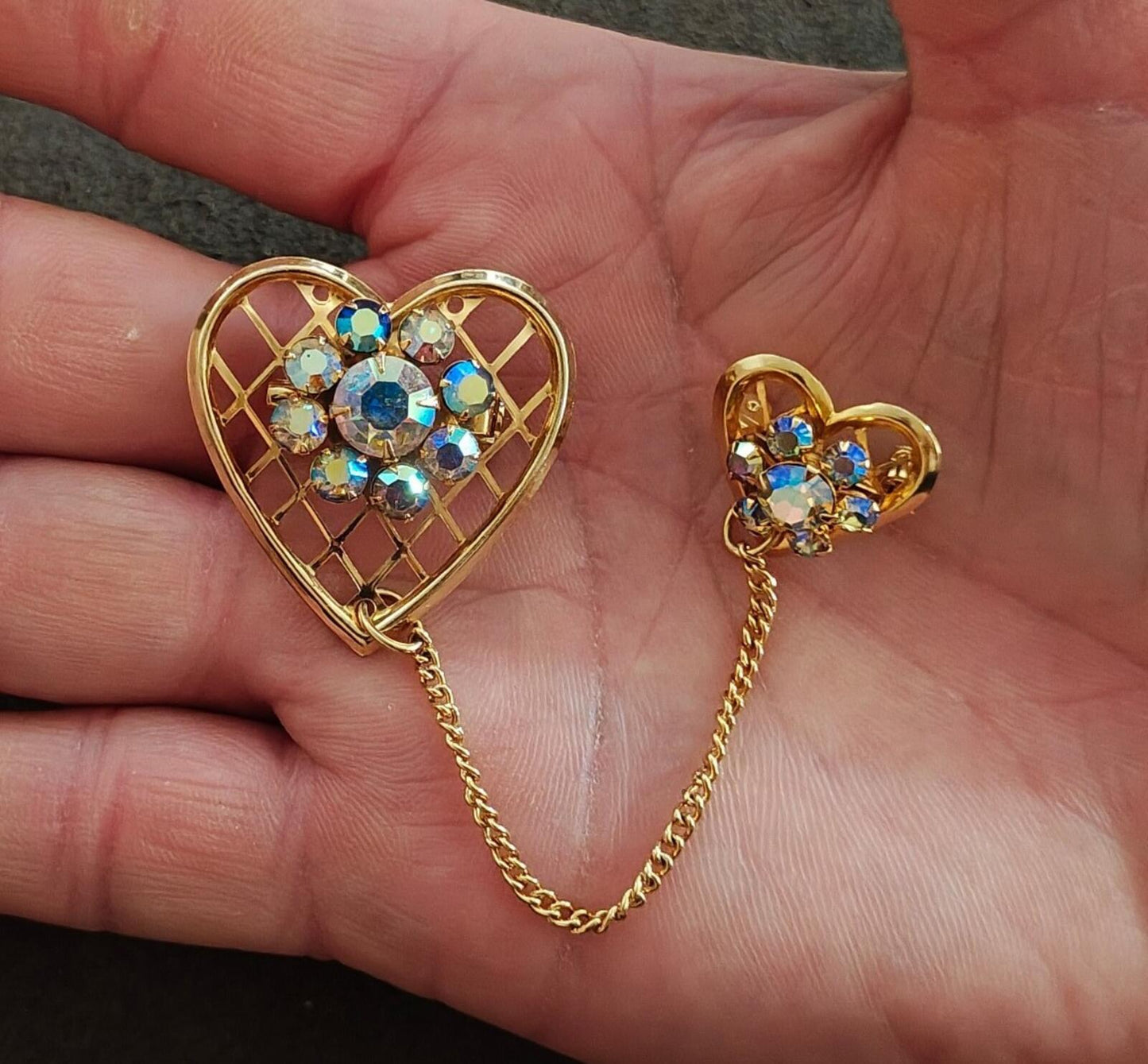 1950s Double Heart With Aurora Borealis Rhinestones Gold Tone Brooch