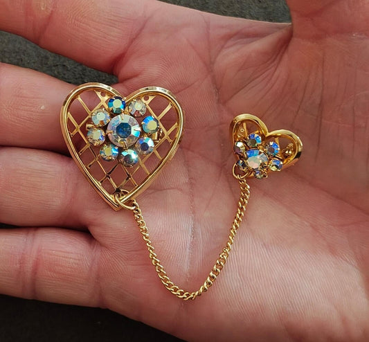 1950s Double Heart With Aurora Borealis Rhinestones Gold Tone Brooch