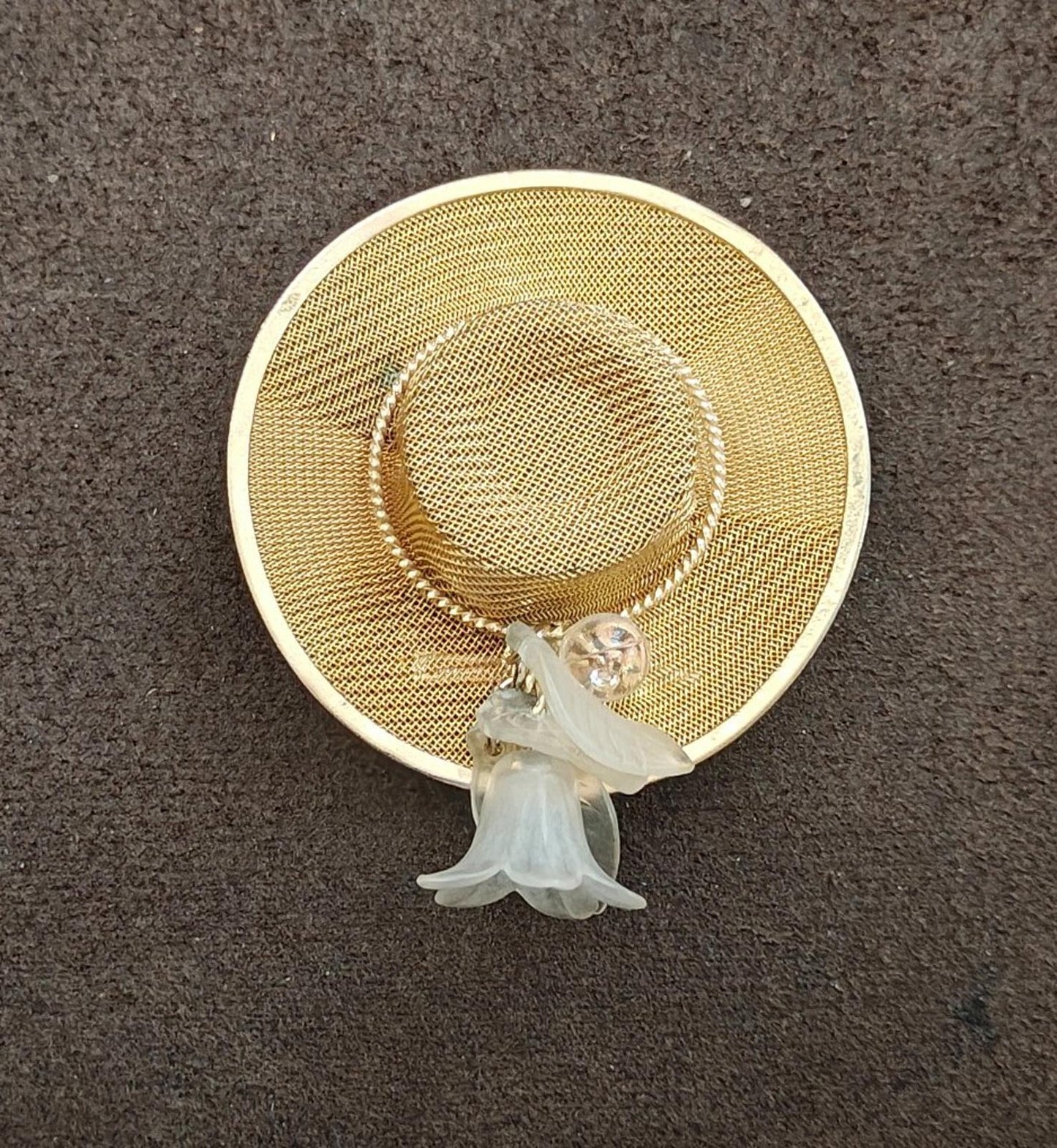 1980s Gold Tone Mesh Sun Hat Brooch Pin