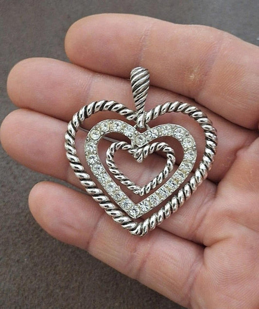 Vintage Rope Style Three Hearts With Sparkly Rhinestones Silver Tone Dan