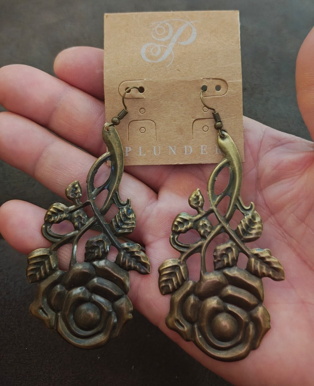 Plunder Design "Rosey" Antique Gold/Bronze Tone Filigree Dangle Earrings New