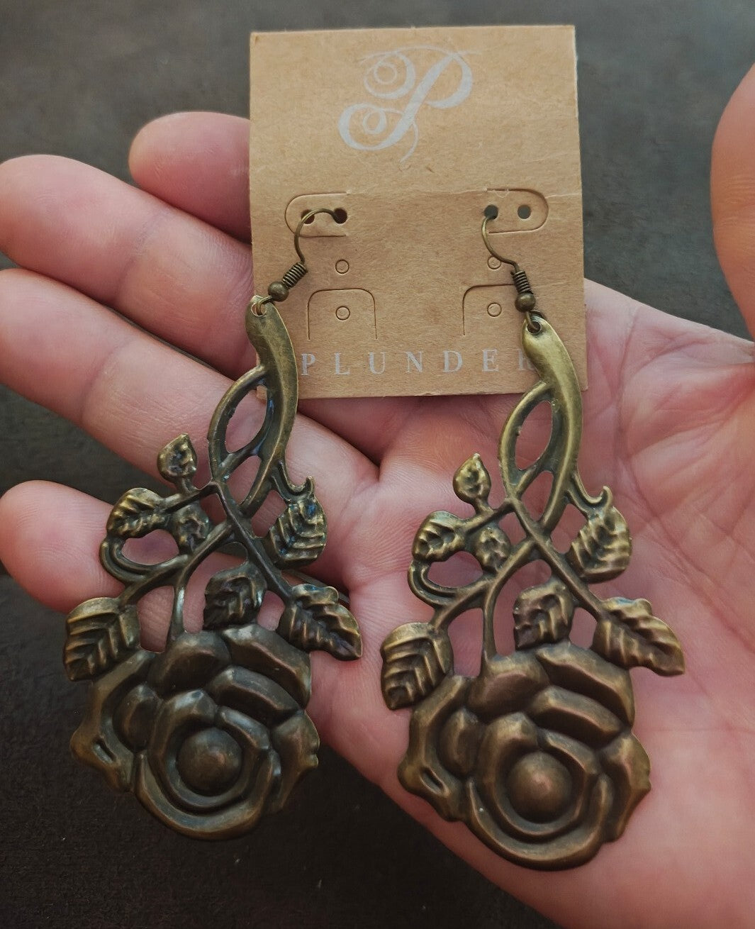 Plunder Design "Rosey" Antique Gold/Bronze Tone Filigree Dangle Earrings New