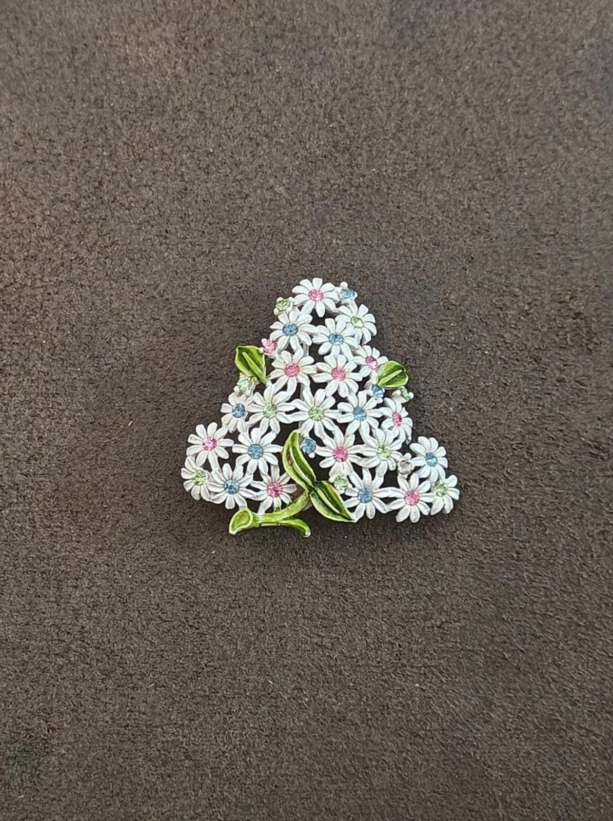 1960s Gold Tone White Flowers & Pink Blue Green Rhinestones Brooch