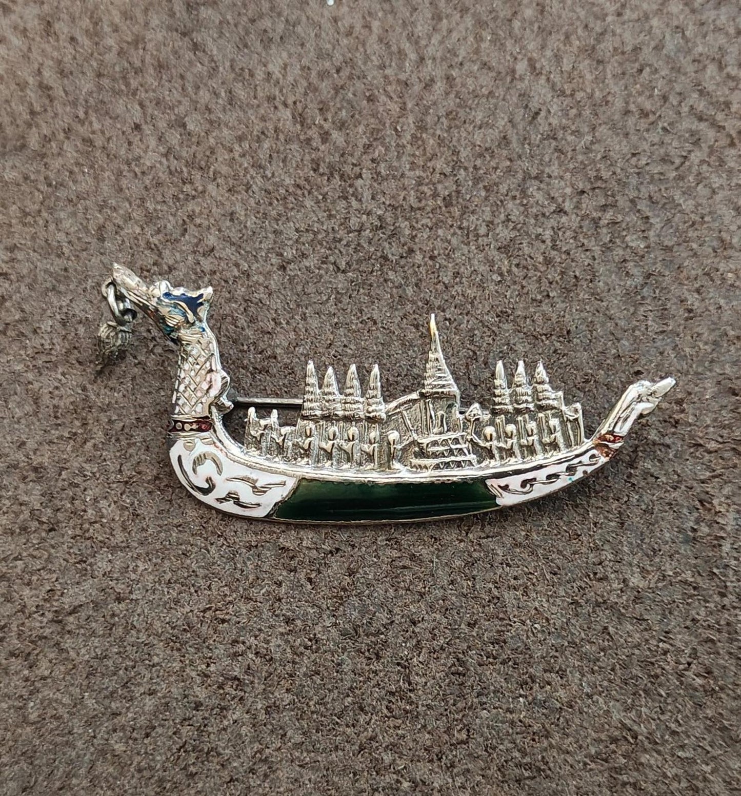 1950's Siam Thai Royal Dragon Sterling Silver Black and White Enamel Brooch