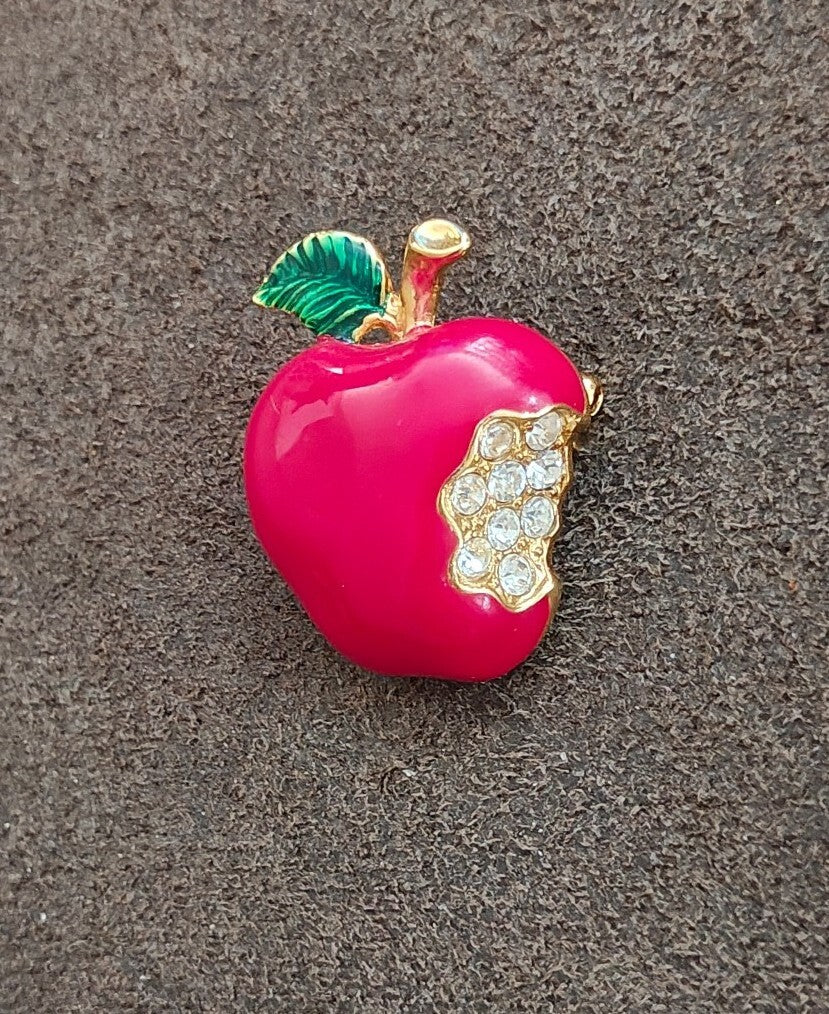 1990s Gold Tone Red & Green Enamel & Rhinestone Bitten Apple Brooch Pin