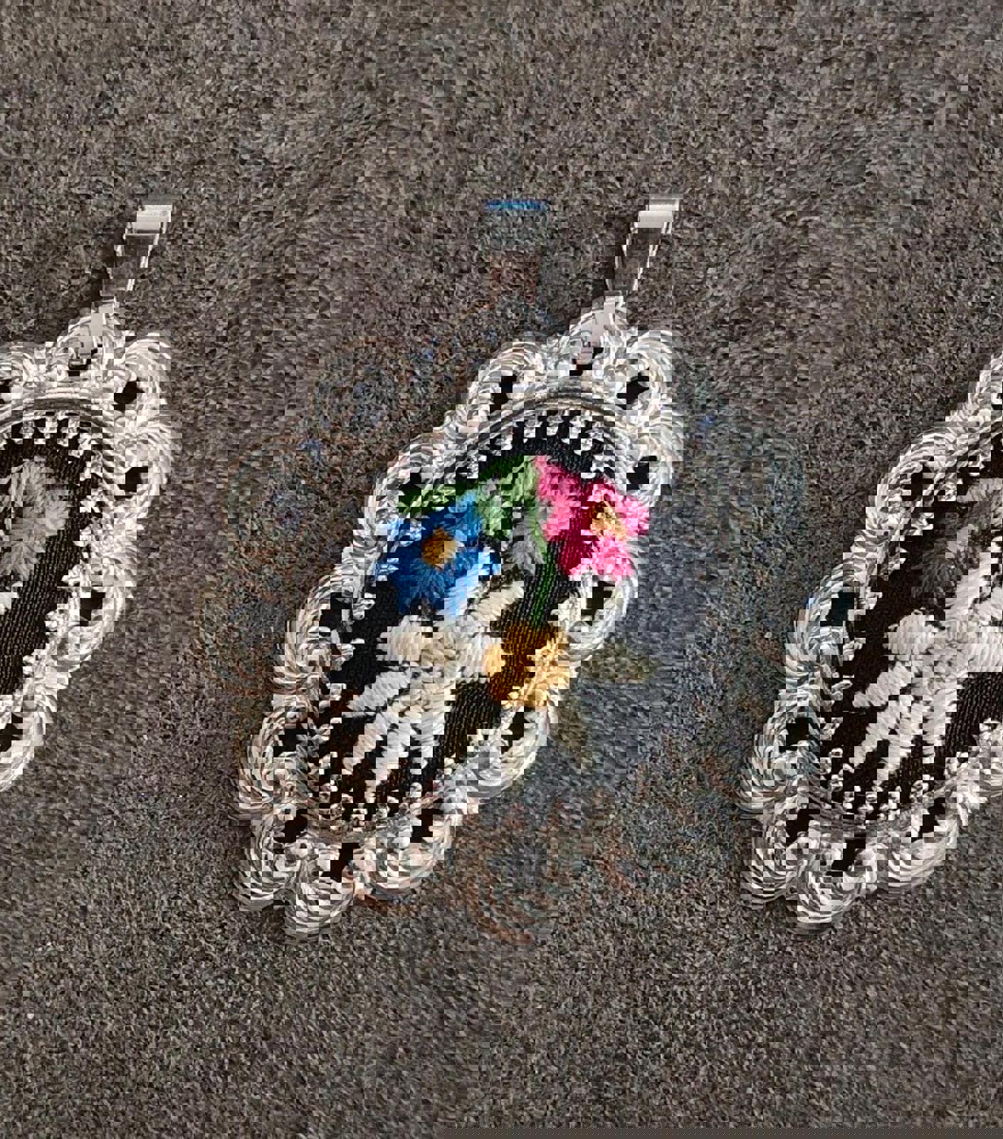 1970's Cross Stitched Flower Silver Tone Filigree Pendant