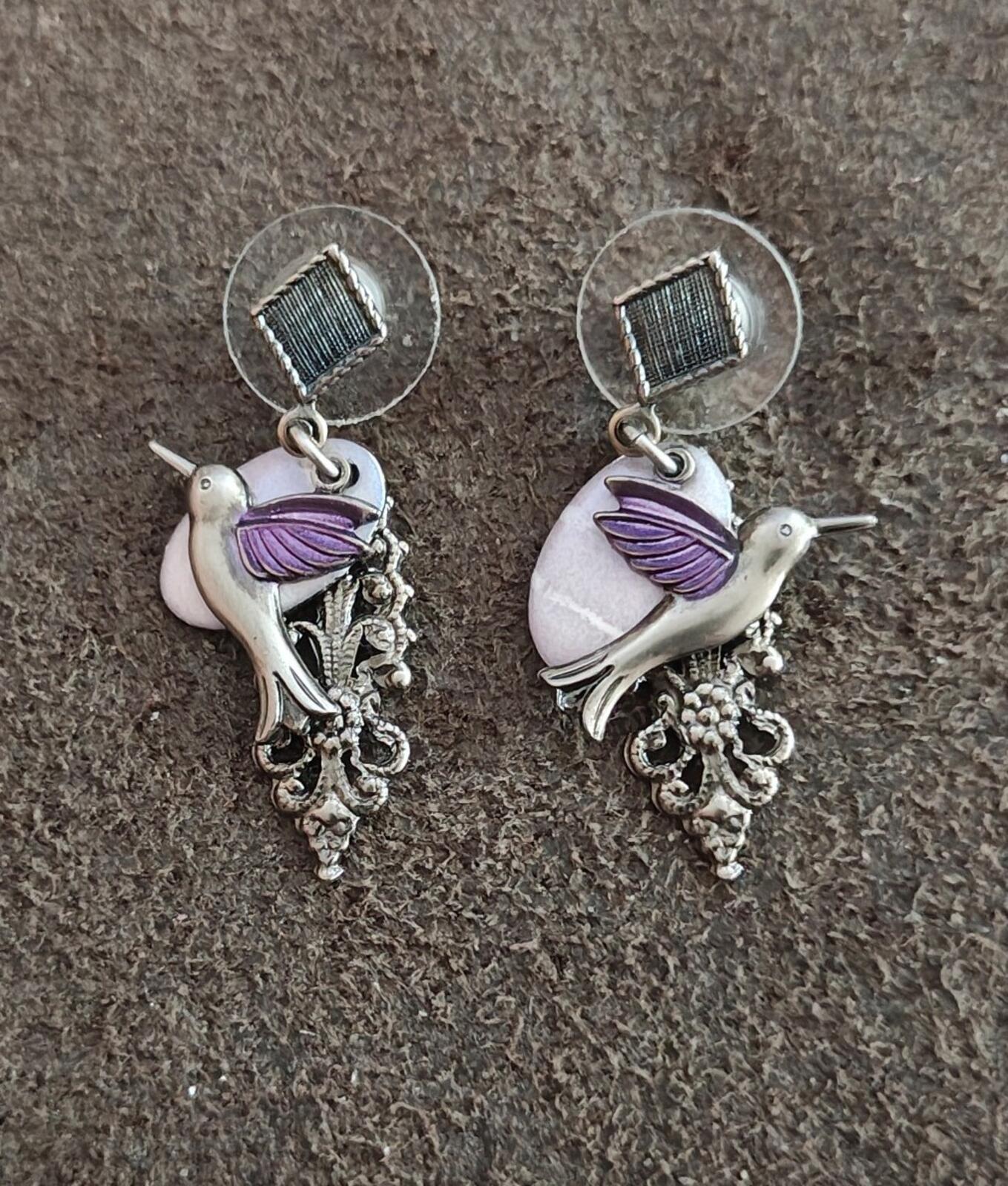 Silver Forest Silver Tone Hummingbird Purple Enamel Filigree Dangle Earrings
