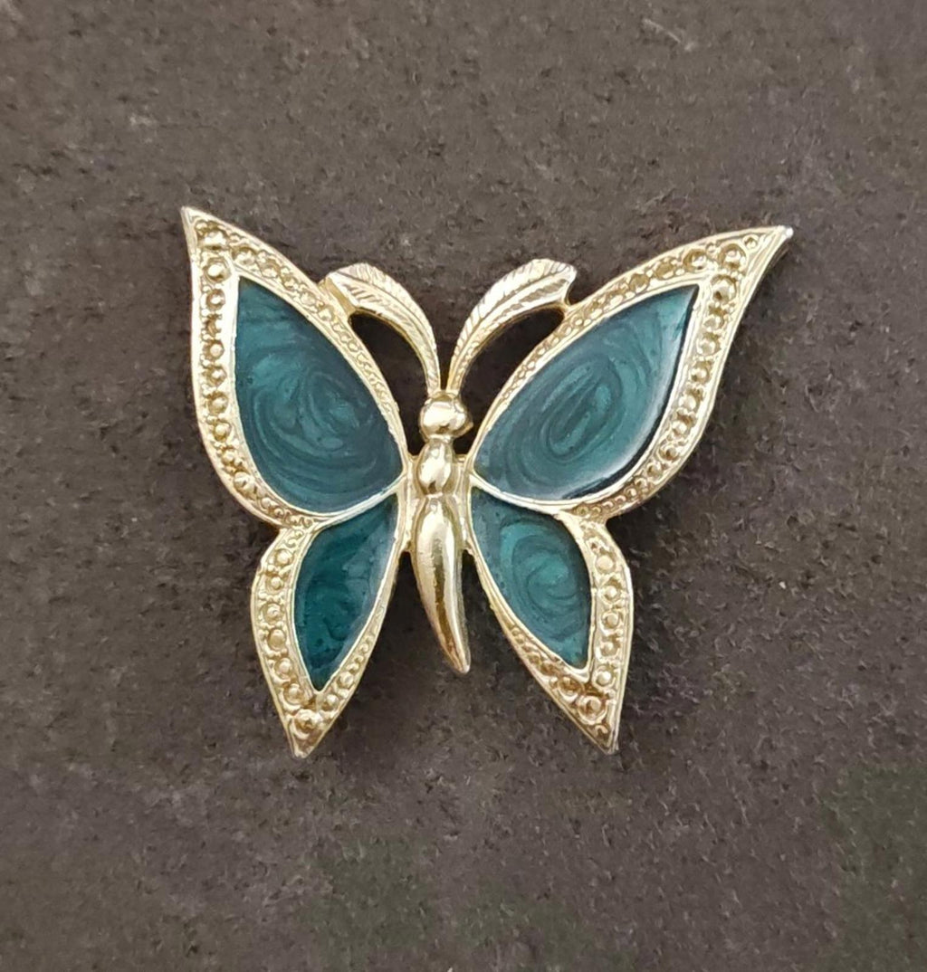 1980s Gold Tone With Green Enamel Textured Butterfly Brooch