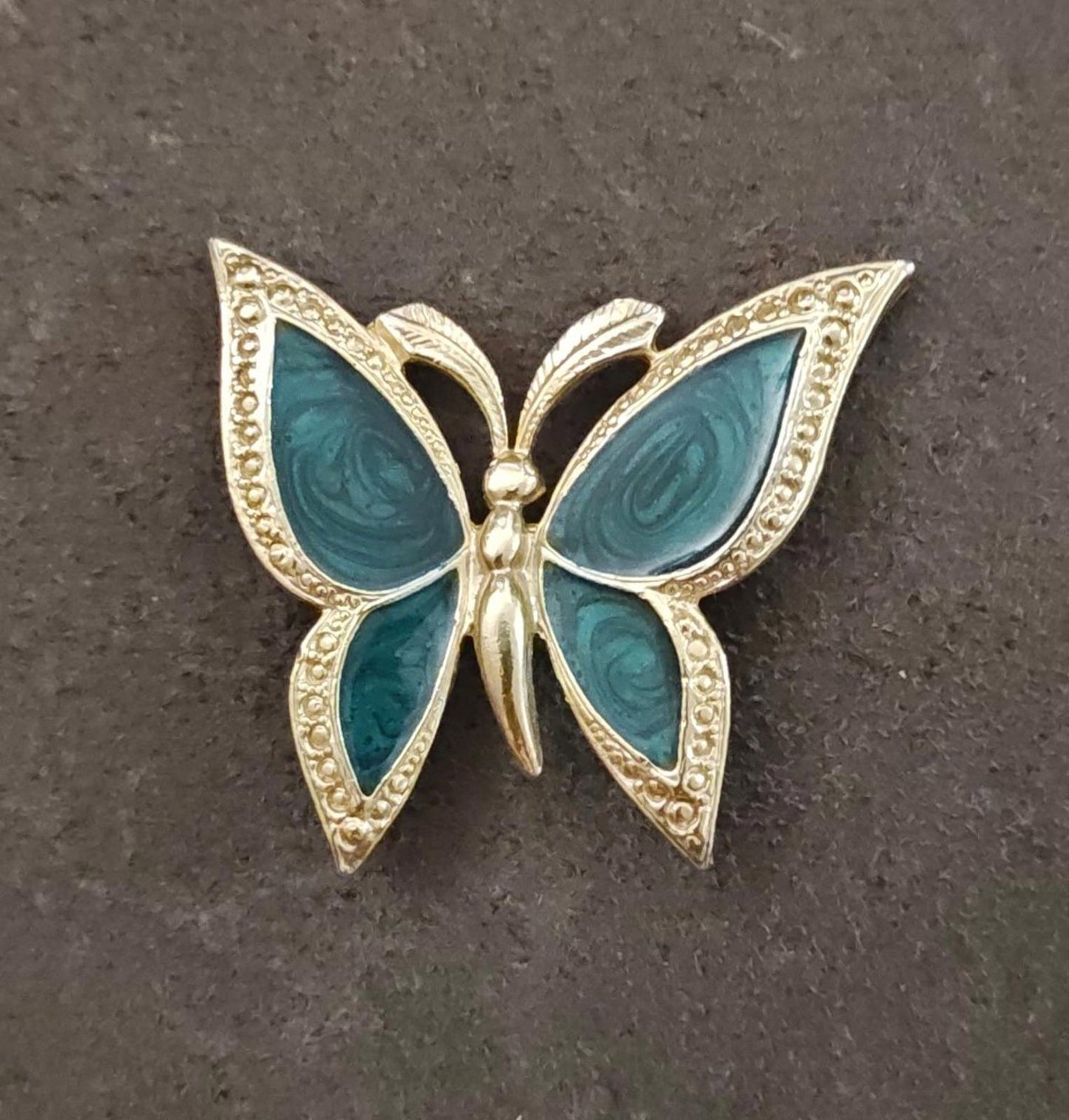 1980s Gold Tone With Green Enamel Textured Butterfly Brooch