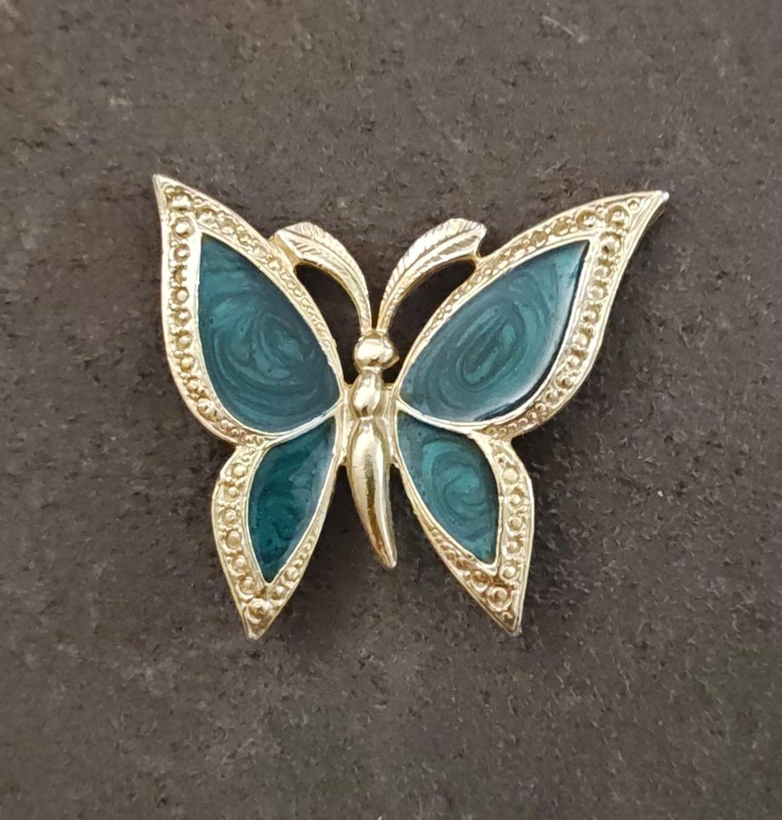 1980s Gold Tone With Green Enamel Textured Butterfly Brooch
