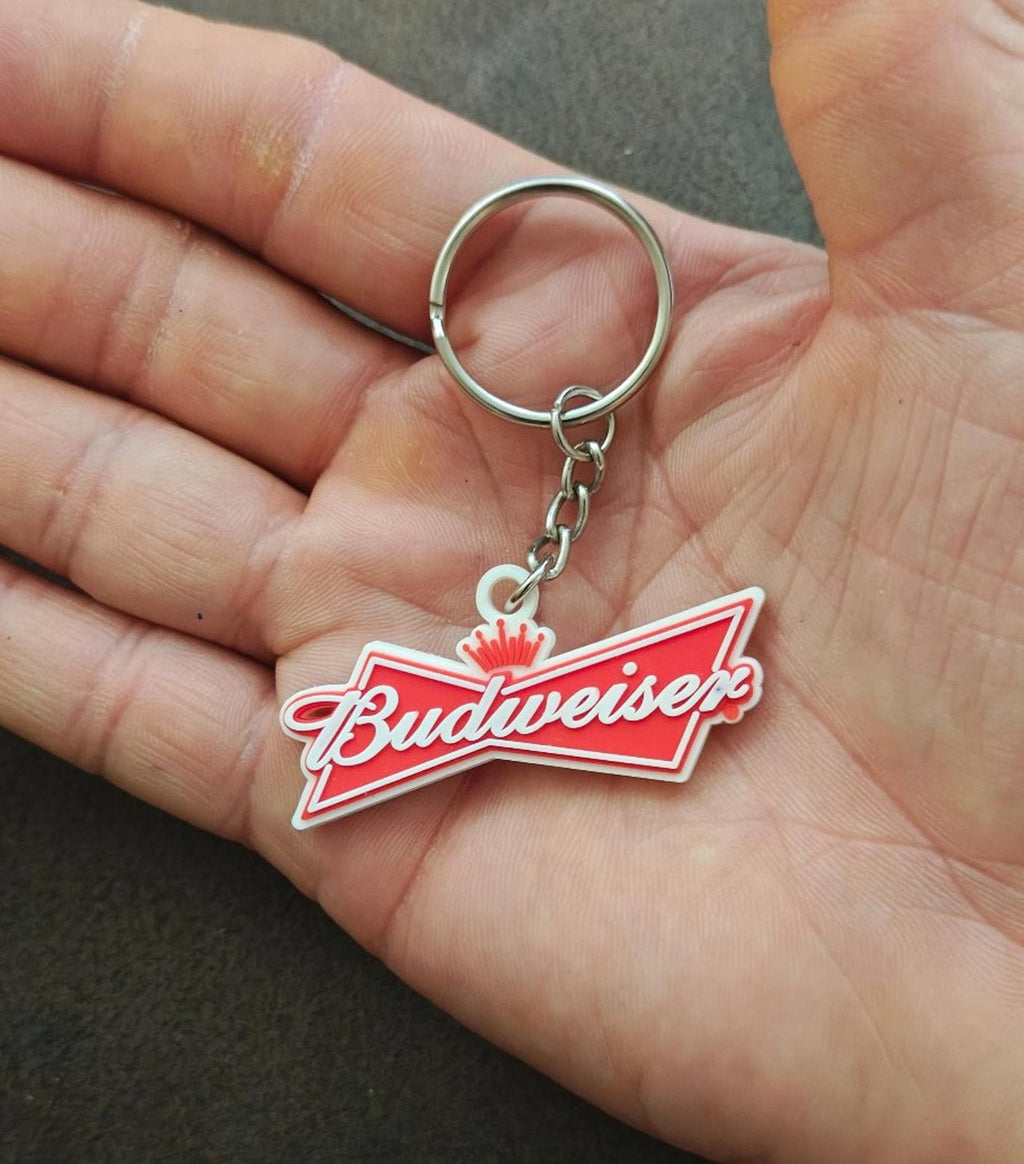 Budweiser bowtie logo keychain with silver ring and chain, red logo charm