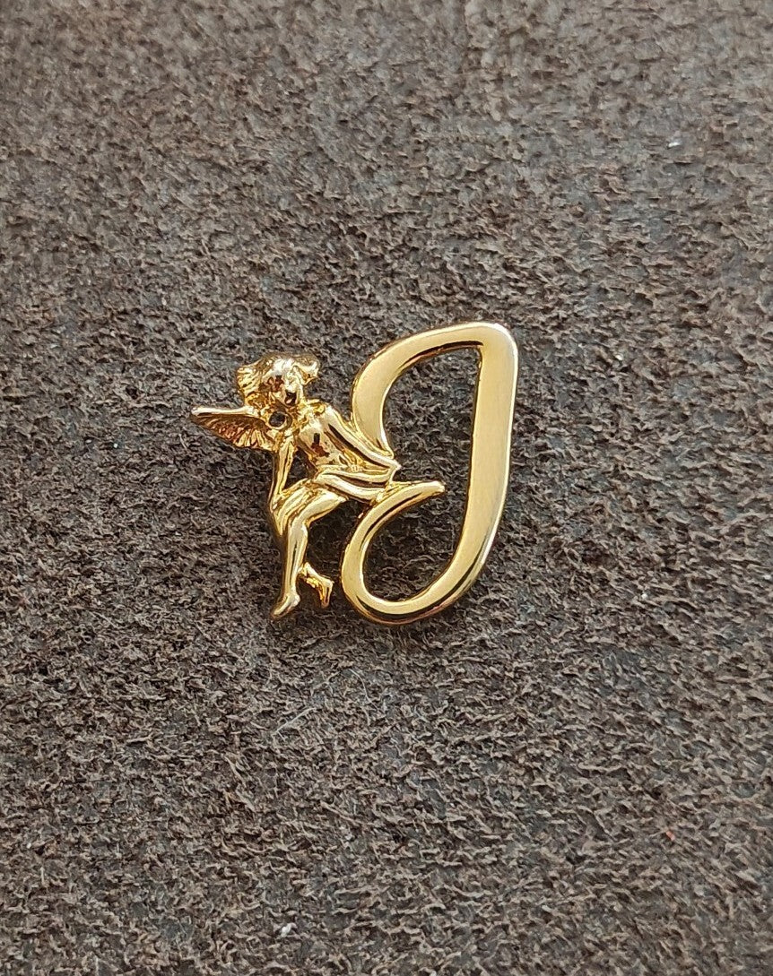 1980s Gold Tone Monogram Initial J & Guardian Angel Brooch Pin - photo 2