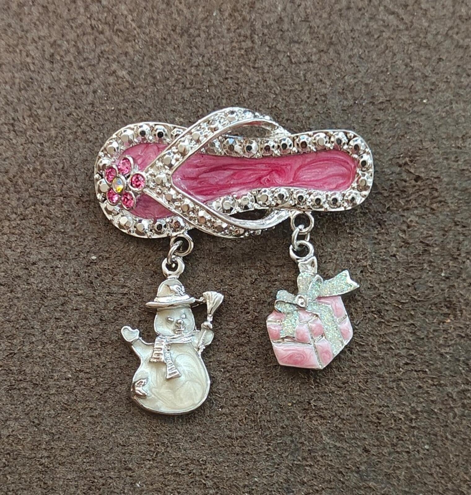 90s Silver Tone Flip Flop With Dangling Charms Enamel & Rhinestones  Brooch